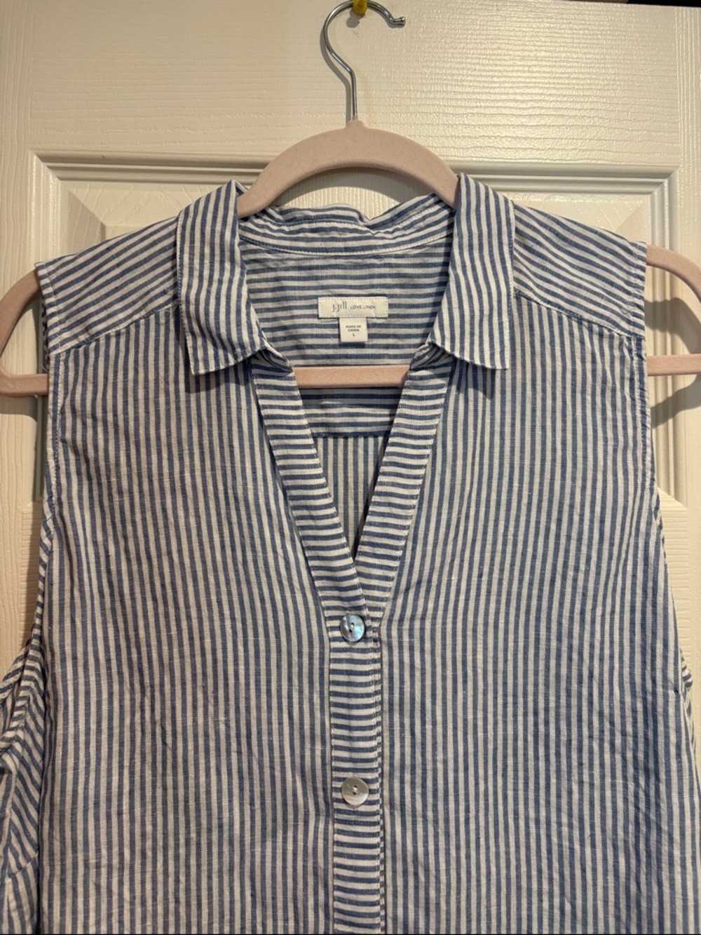 J. Jill Sleeveless Collared Blue Stripe Button-Front 100% Linen Top - Large - Picture 2 of 9